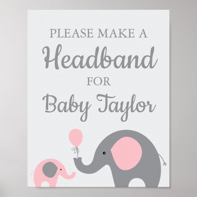 Pink Elephant Baby Dusche Headband-Zeichen Poster (Vorne)