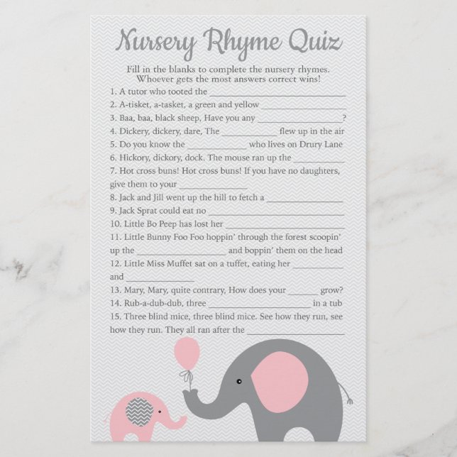 Pink Elephant Baby Dusche Kinderzimmer Rhyme Quiz  Flyer (Vorne)