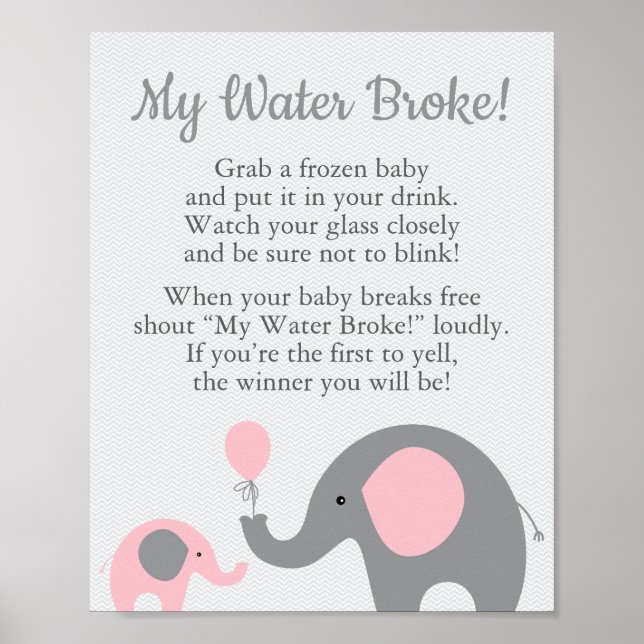Pink Elephant Baby Dusche Mein Wasser Broke Spiel  Poster (Vorne)