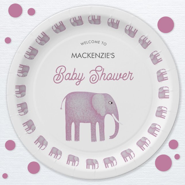 Pink Elephant Baby Dusche Pappteller (Pink watercolor elephant baby shower paper party plate)
