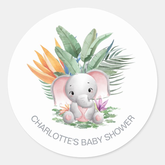 Pink Elephant Baby Dusche Runder Aufkleber (Vorderseite)