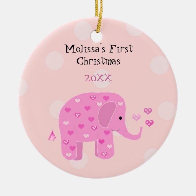 Pink Elephant Baby First Christmas Keramikornament (Vorne)