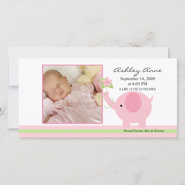 Pink Elephant Baby Girl Birth Annoucement Ankündigung (Vorderseite)