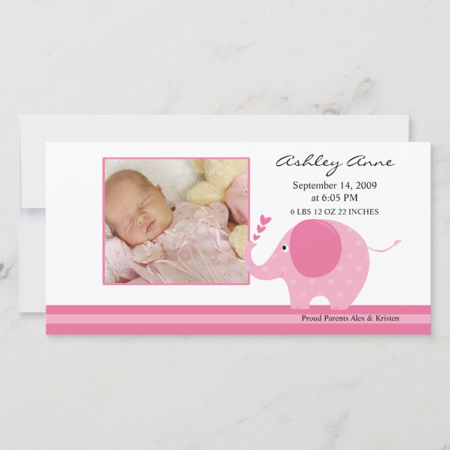 Pink Elephant Baby Girl Birth Annoucement Ankündigung (Vorderseite)