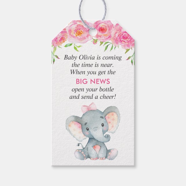 Pink Elephant Baby Girl Dusche Mini Flasche Gefall Geschenkanhänger (Vorderseite)