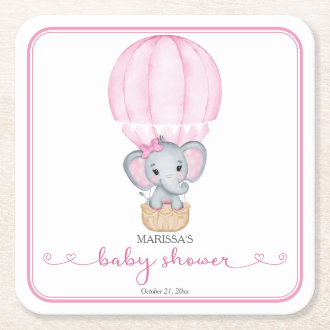Pink Elephant Baby Girl Dusche Rechteckiger Pappuntersetzer (Vorderseite)