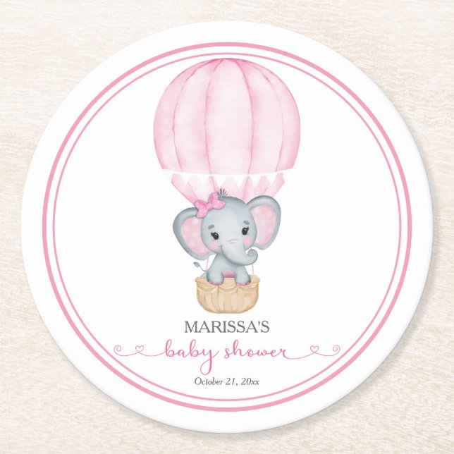 Pink Elephant Baby Girl Dusche Runder Pappuntersetzer (Vorderseite)