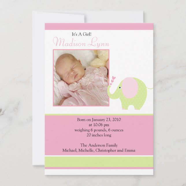Pink Elephant Baby Girl Foto Announcement Card Ankündigung (Vorderseite)