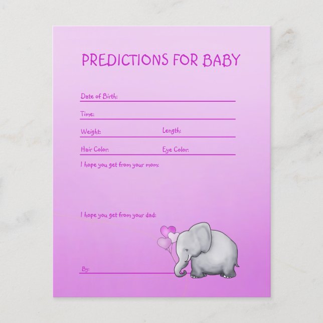Pink Elephant Baby Girl Shower Predictions Spiel Flyer (Vorne)