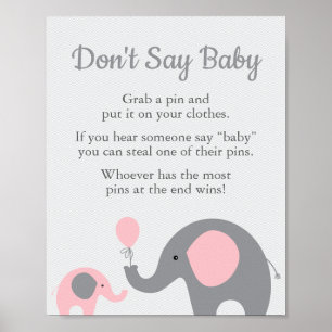 Pink Elephant Baby Shower Say Baby Game Sign Poster