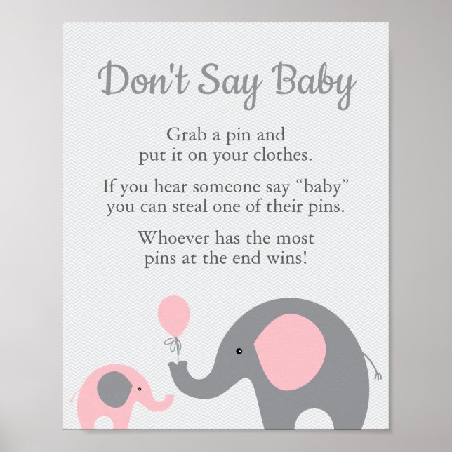 Pink Elephant Baby Shower Say Baby Game Sign Poster (Vorne)