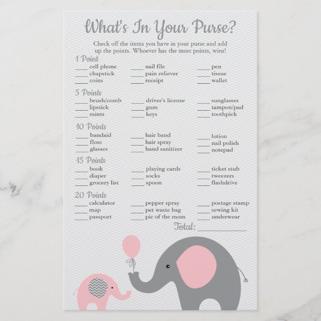 Pink Elephant Babydusche Was in Ihrer Handtasche i Flyer (Vorne)