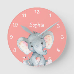 Pink Elephant Cute Baby Girl Name Personalized Runde Wanduhr