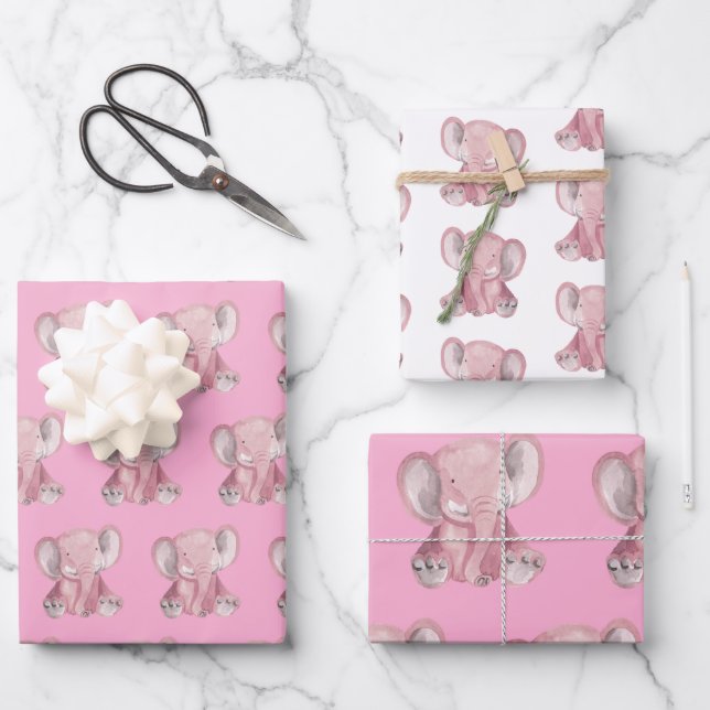 Pink Elephant Design Wrapping Paper Geschenkpapier Set (Vorderseite)