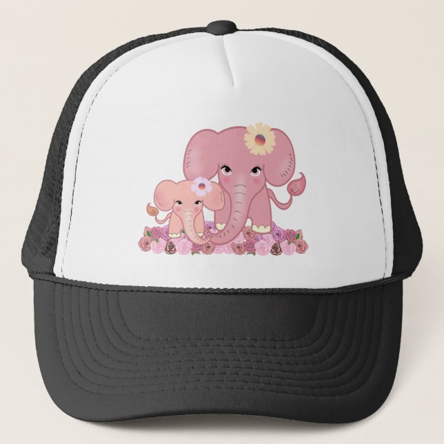 Pink elephant family mother daughter animal flower truckerkappe (Vorderseite)
