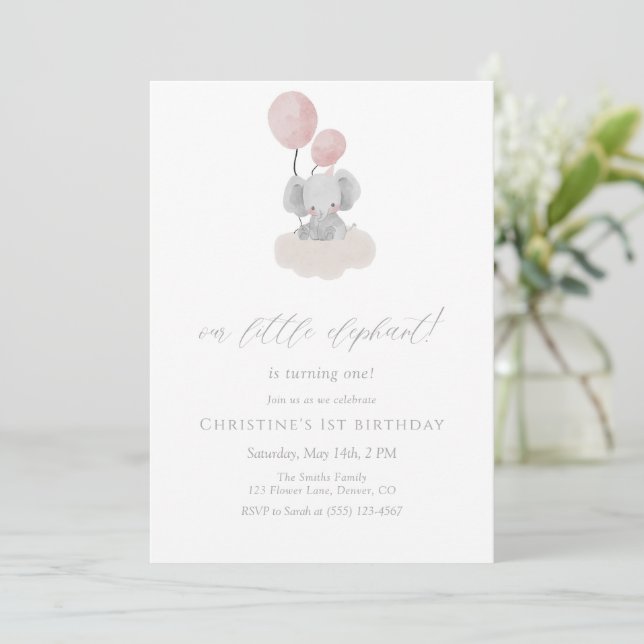 Pink Elephant First Birthday Invitation Einladung (Stehend Vorderseite)
