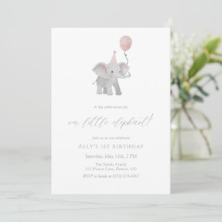 Pink Elephant First Birthday Invitation Watercolor Einladung