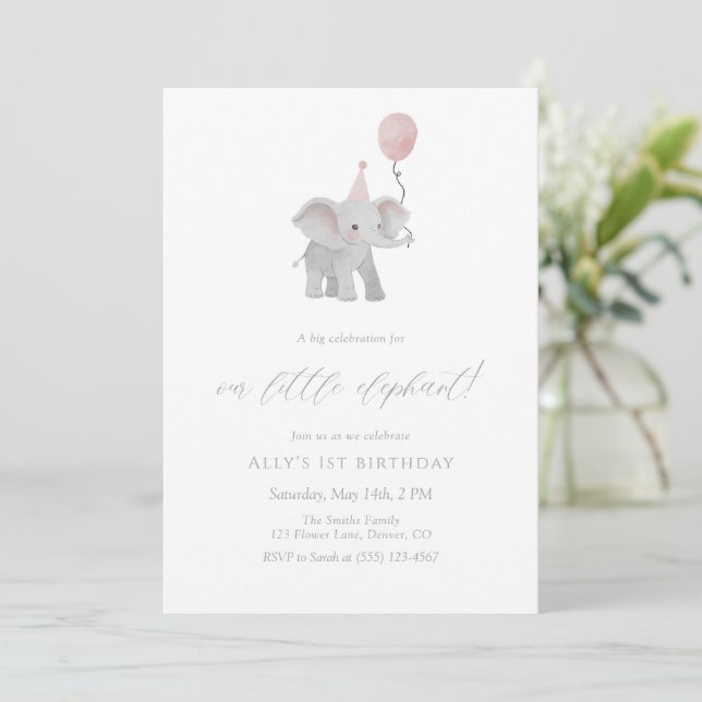 Pink Elephant First Birthday Invitation Watercolor Einladung (Stehend Vorderseite)