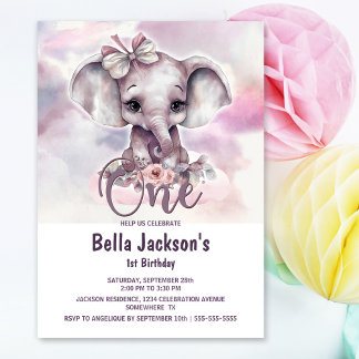Pink Elephant Girl 1. Geburtstag Party Einladung
