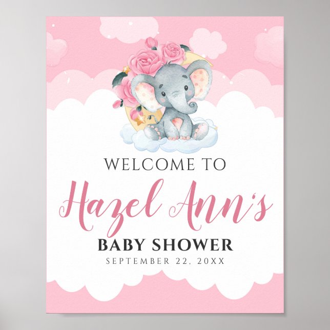 Pink Elephant Girl Baby Dusche Begrüßungszeichen Poster (Vorne)