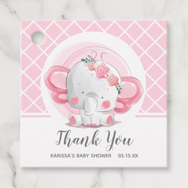 Pink Elephant Girl Baby Dusche Geschenkanhänger (Vorderseite)