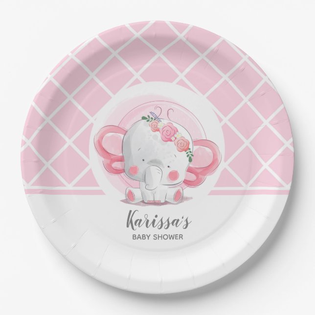 Pink Elephant Girl Baby Dusche Pappteller (Vorderseite)