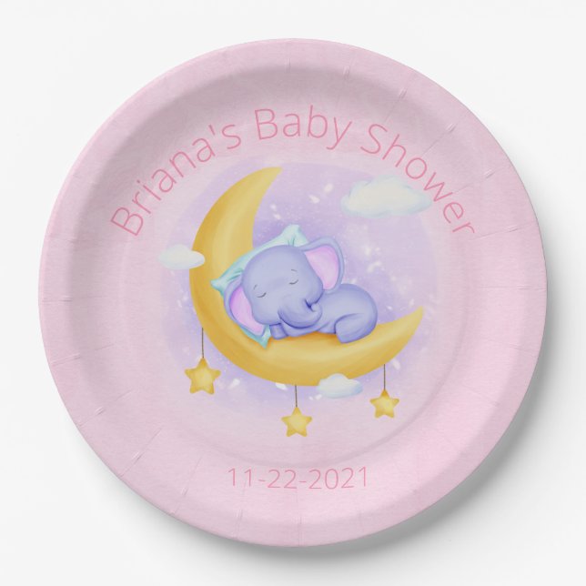 Pink Elephant Girl Baby Dusche Pappteller (Vorderseite)