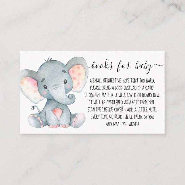 Pink Elephant Girl Book Request for Baby Shower Begleitkarte (Vorderseite)