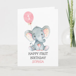 Pink Elephant Girl Erster Geburtstag 1. Geburtstag Karte