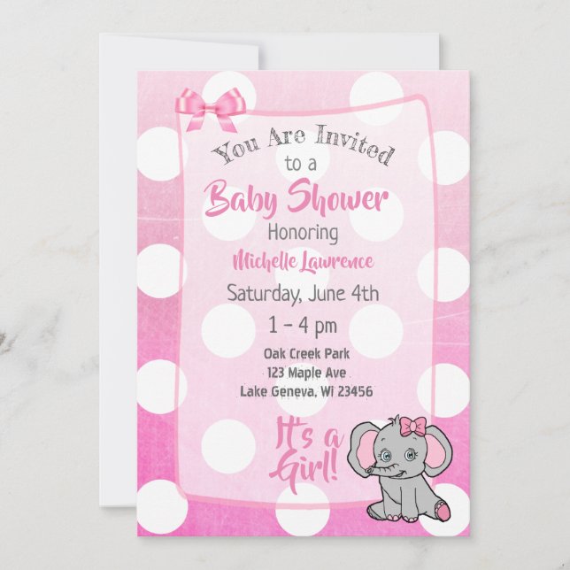 Pink Elephant Girl's Baby Shower Einladung (Vorderseite)