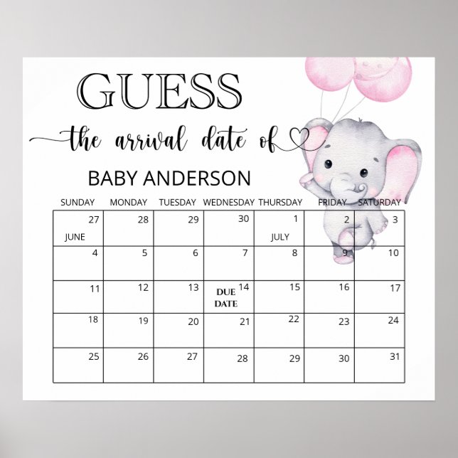Pink Elephant Guess Due Date Calendar Poster (Vorne)