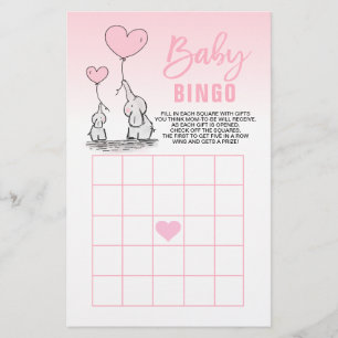 Pink Elephant Heart Girl Baby Dusche BINGO Karten