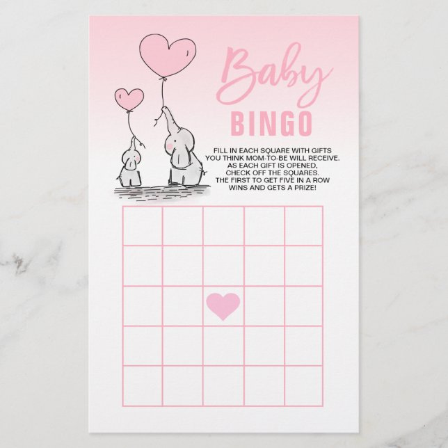 Pink Elephant Heart Girl Baby Dusche BINGO Karten (Vorne)