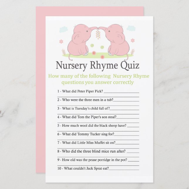 Pink Elephant Kinderzimmer Rhyme Quiz Babydusche (Vorne/Hinten)