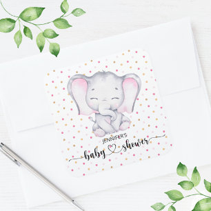 Pink Elephant Watercolor Babydusche Quadratischer Aufkleber