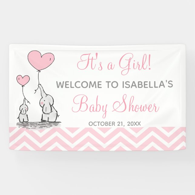 Pink Elephant Zickzack Girly Baby Shower Banner (Horizontal)