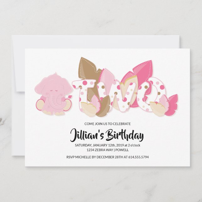 Pink Elephant zweite Geburtstagsparty Einladung (Vorderseite)
