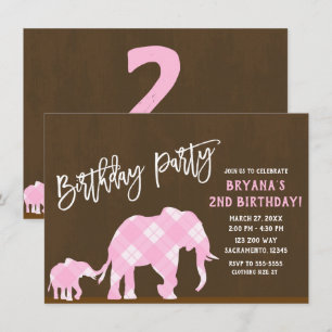 Pink Elephants Brown Modern Birthday Party JEDES A Einladung