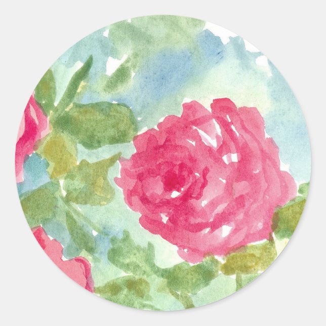 Pink English Cabbage Rose Aquarell Blume Runder Aufkleber (Vorderseite)