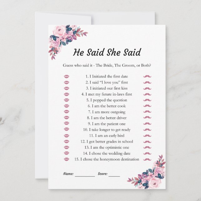 Pink, er sagte, sie sagte Brautparty Spielkarten Einladung (Vorderseite)