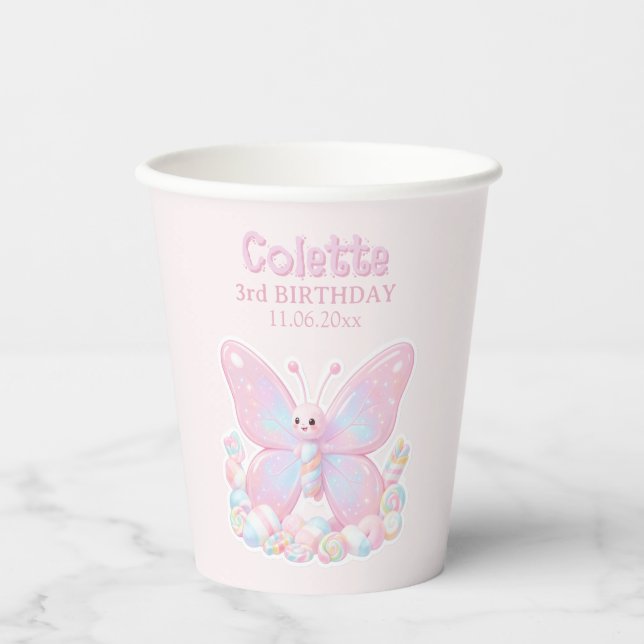 Pink Erdbeer Schmetterling Geburtstag Pappbecher (Vorderseite)