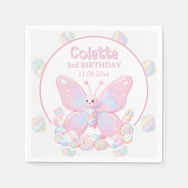 Pink Erdbeer Schmetterling Geburtstag Serviette (Vorderseite)