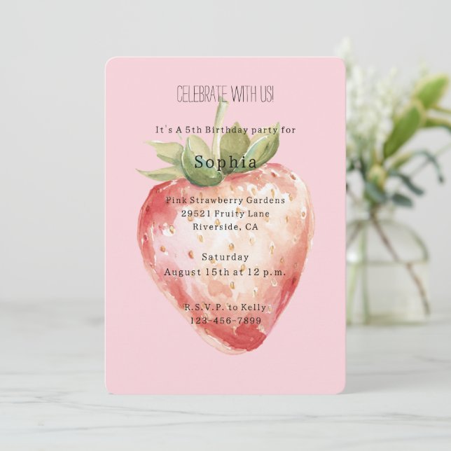 Pink Erdbeeren Frucht Geburtstag Einladung (Stehend Vorderseite)