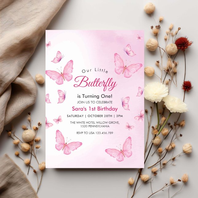 Pink Erster 1. Geburtstag Schmetterlinge Party Einladung (Von Creator hochgeladen)