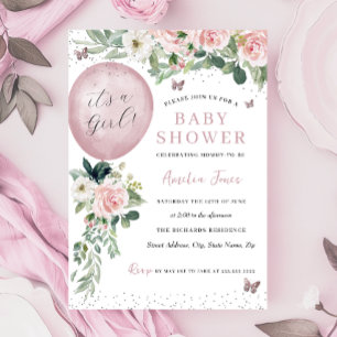 Pink Es ist eine Girl Balloon Butterfly Babydusche Einladung