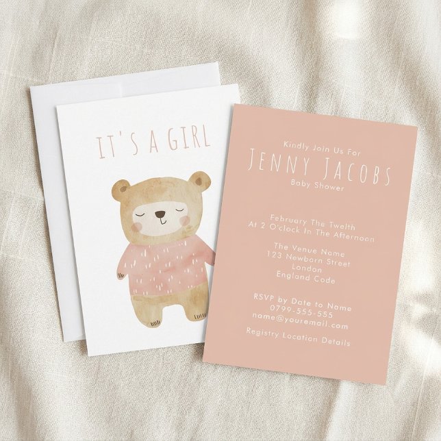Pink Es ist eine niedliche Bärendusche für Mädchen Einladung (Pink It’s a Girl Watercolor cute Bear Baby Shower Invitation)