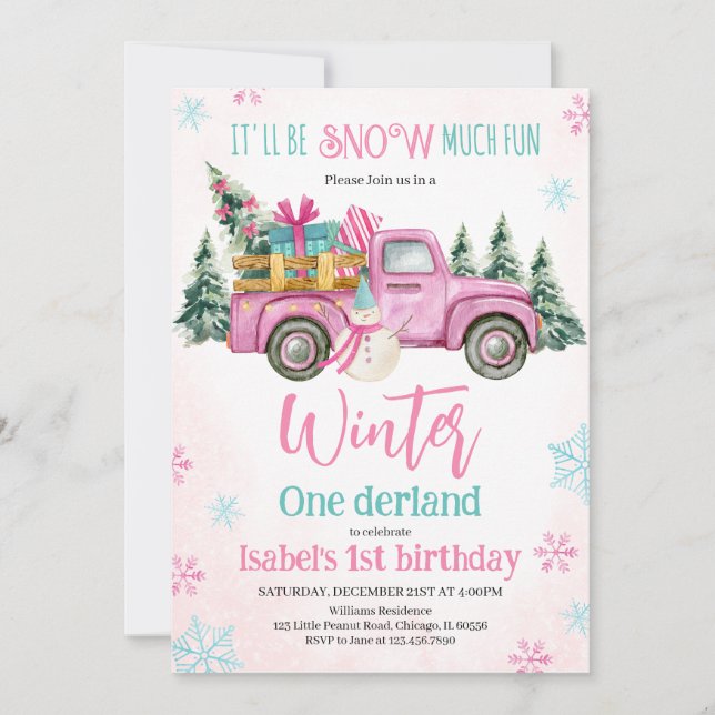 Pink Es wird viel Schnee-Spaß Geburtstag Einladung (Vorderseite)