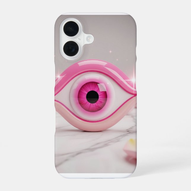 Pink Evil Eye Amulet on Marble Surface iPhone 16 Hülle (Rückseite)