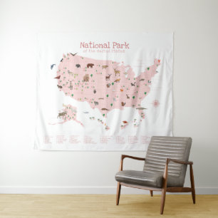 Pink Exploration National Park Map Woodland Kinder Wandteppich