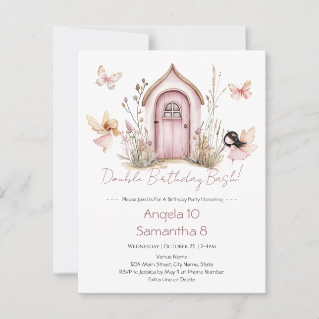 Pink Fairies Double Birthday Bash Kids Einladung (Vorderseite)